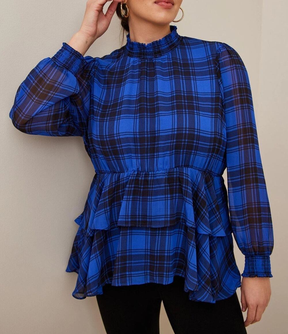 Torrid Tiered Peplum Top Womens 2X Blue Black Plaid Chiffon Smocked Ruffle Neck